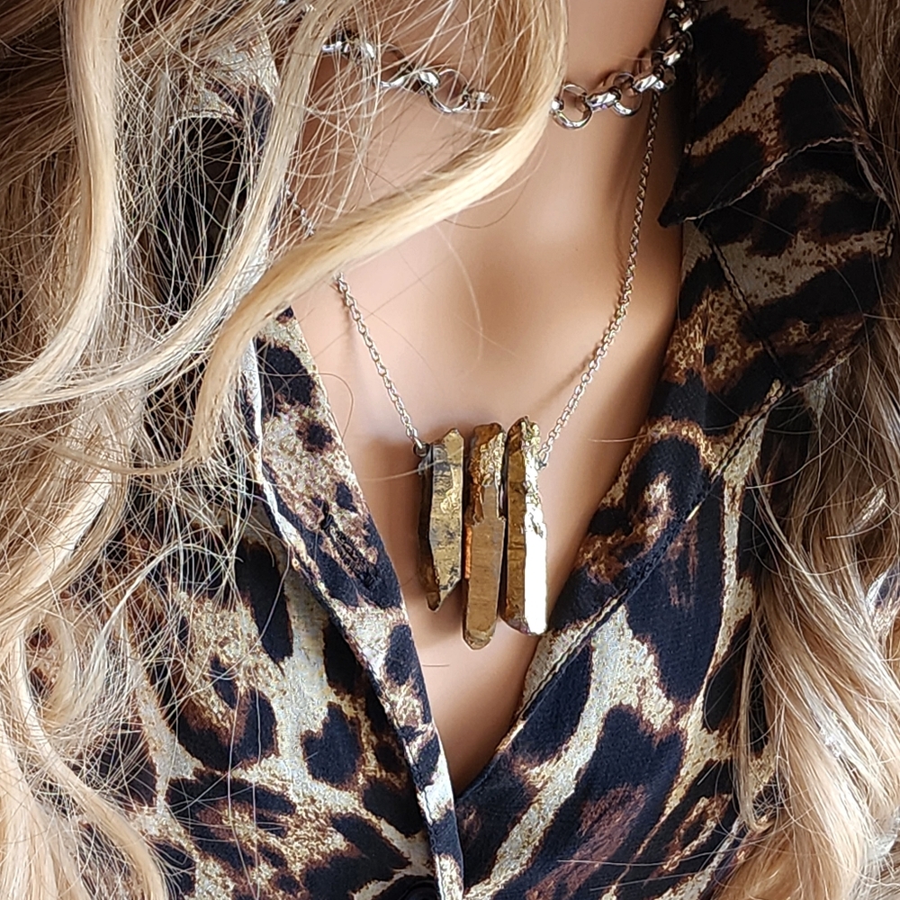 Designer Necklace Hypoallergenic Chain Healing Ctystal Natural Raw Gold Pyrite